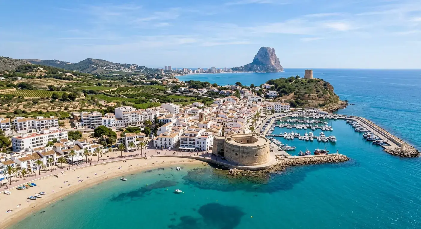 Historic coastal watchtower and sheltered sandy bays of the coastal resort of Moraira for private taxi airport transfers from Valencia Airport by cheap-taxis.com